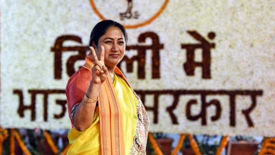 New Delhi, Feb 19(ANI): BJP MLA-elect Rekha Gupta arrives at the party office to attend BJP legislative party meeting, in New Delhi on Wednesday. (ANI Photo/Shrikant Singh)